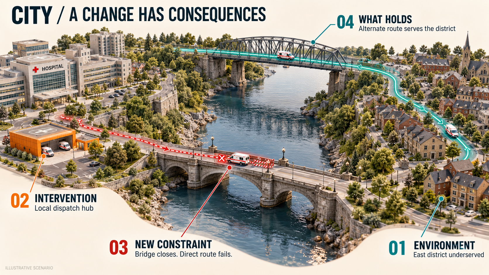 3D city illustrating an underserved district, a new dispatch hub, a bridge closure that breaks the direct route, and an alternate crossing that maintains service.